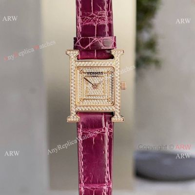 Stylish Hermes Heure H Rose Gold Pave Diamond Watches 21mm Ladies